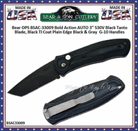 Bear & Son Cutlery Bear OPS BSAC-33009 Bold Action AUTO 3" S30V Black Tanto Blade, Black TI Coat Plain Edge Black & Gray G-10 Handles Bear & Son Cutlery Bear OPS BSAC-33009 Bold Action AUTO 3" S30V Black Tanto Blade, Black TI Coat Plain Edge Black & Gray G-10 Handles