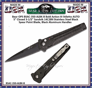 Bear & Son Cutlery Bear OPS BSAC-350-ALBK-B Bold Action III Stiletto AUTO 5" Closed 3-1/2" Sandvik 14C28N Stainless Steel Black Spear Point Blade, Black Aluminum Handles