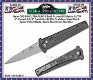 Bear & Son Cutlery Bear OPS BSAC-350-ALBK-S Bold Action III Stiletto AUTO 5" Closed 3-1/2" Sandvik 14C28N Stainless Steel Black Spear Point Blade, Black Aluminum Handles