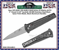 Bear & Son Cutlery Bear OPS BSAC-350-ALBK-S Bold Action III Stiletto AUTO 5" Closed 3-1/2" Sandvik 14C28N Stainless Steel Black Spear Point Blade, Black Aluminum Handles Bear & Son Cutlery Bear OPS BSAC-350-ALBK-S Bold Action III Stiletto AUTO 5" Closed 3-1/2" Sandvik 14C28N Stainless Steel Black Spear Point Blade, Black Aluminum Handles