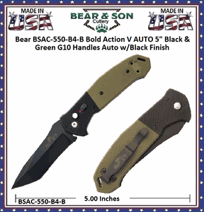 Bear & Son Cutlery Bear BSAC-550-B4-B Bold Action V AUTO 5" Black & Green G10 Handles Auto w/Black Finish