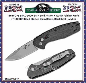 Bear & Son Cutlery Bear OPS BSAC-1000-B4-P Bold Action X AUTO Folding Knife 3" 14C28N Bead Blasted Plain Blade, Black G10 Handles