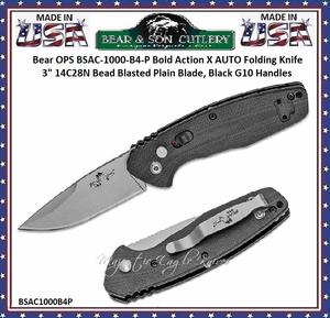Bear & Son Cutlery Bear OPS BSAC-1000-B4-P Bold Action X AUTO Folding Knife 3" 14C28N Bead Blasted Plain Blade, Black G10 Handles Bear & Son Cutlery Bear OPS BSAC-1000-B4-P Bold Action X AUTO Folding Knife 3" 14C28N Bead Blasted Plain Blade, Black G10 Handles