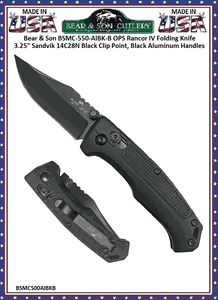 Bear & Son Cutlery Bear Ops BSMC-500-AIBK-B Rancor� IV Pattern 500 2-3/4"Sandvik Steel Plain Blade with Black Finish Modified Clip Point Black Aluminum Slide Lock Pocket Knife