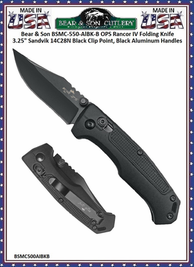Bear & Son Cutlery Bear Ops BSMC-500-AIBK-B Rancor� IV Pattern 500 2-3/4"Sandvik Steel Plain Blade with Black Finish Modified Clip Point Black Aluminum Slide Lock Pocket Knife