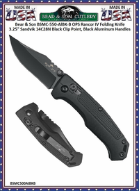 Bear & Son Cutlery Bear Ops BSMC-500-AIBK-B Rancor® IV Pattern 500 2-3/4"Sandvik Steel Plain Blade with Black Finish Modified Clip Point Black Aluminum Slide Lock Pocket Knife Bear & Son Cutlery Bear Ops BSMC-500-AIBK-B Rancor® IV Pattern 500 2-3/4"Sandvik Steel Plain Blade with Black Finish Modified Clip Point Black Aluminum Slide Lock Pocket Knife