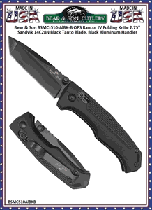 Bear & Son Cutlery Bear Ops BSMC-510-ALBK-B Rancor IV Slide Lock Black 2-3/4" Plain Tanto Point Blade Aluminum Folding Pocket Knife 
