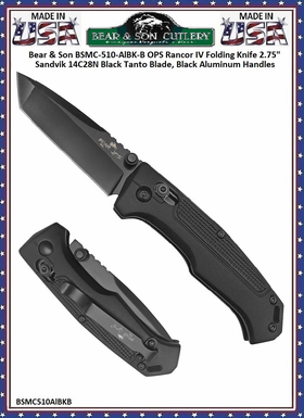 Bear & Son Cutlery Bear Ops BSMC-510-ALBK-B Rancor IV Slide Lock Black 2-3/4" Plain Tanto Point Blade Aluminum Folding Pocket Knife 