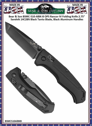 Bear & Son Cutlery Bear Ops BSMC-510-ALBK-B Rancor IV Slide Lock Black 2-3/4" Plain Tanto Point Blade Aluminum Folding Pocket Knife 
