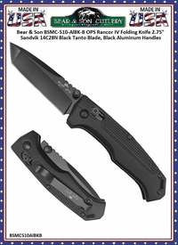 Bear & Son Cutlery Bear Ops BSMC-510-ALBK-B Rancor IV Slide Lock Black 2-3/4" Plain Tanto Point Blade Aluminum Folding Pocket Knife Bear & Son Cutlery Bear Ops BSMC-510-ALBK-B Rancor IV Slide Lock Black 2-3/4" Plain Tanto Point Blade Aluminum Folding Pocket Knife