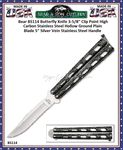 Bear & Son Cutlery BS114 Butterfly Knife 3-5/8" Clip Point High Carbon Stainless Steel Hollow Ground Plain Blade 5" Silver Vein Stainless Steel Handle