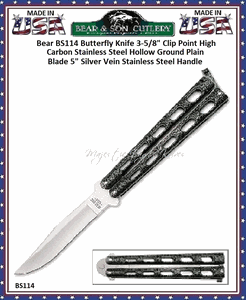 Bear & Son Cutlery BS114 Butterfly Knife 3-5/8" Clip Point High Carbon Stainless Steel Hollow Ground Plain Blade 5" Silver Vein Stainless Steel Handle