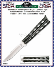 Bear & Son Cutlery BS114 Butterfly Knife 3-5/8" Clip Point High Carbon Stainless Steel Hollow Ground Plain Blade 5" Silver Vein Stainless Steel Handle