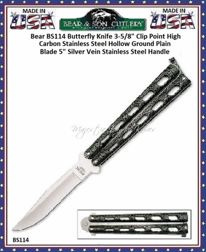 Bear & Son Cutlery BS114 Butterfly Knife 3-5/8" Clip Point High Carbon Stainless Steel Hollow Ground Plain Blade 5" Silver Vein Stainless Steel Handle