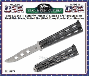 Bear & Son Cutlery BS114BTR Bear Butterfly Trainer 5" Closed 3-5/8" Plain Blade Black Stainless Steel Handles 