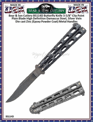 Bear & Son Cutlery BS114D Butterfly Knife 3-5/8" Clip Point Plain Blade High Definition Damascus Steel, Silver Vein Die cast Zinc (Epoxy Powder Coat) Metal Handles