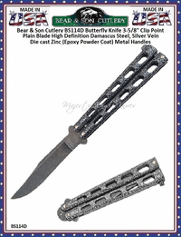 Bear & Son Cutlery BS114D Butterfly Knife 3-5/8" Clip Point Plain Blade High Definition Damascus Steel, Silver Vein Die cast Zinc (Epoxy Powder Coat) Metal Handles Bear & Son Cutlery BS114D Butterfly Knife 3-5/8" Clip Point Plain Blade High Definition Damascus Steel, Silver Vein Die cast Zinc (Epoxy Powder Coat) Metal Handles