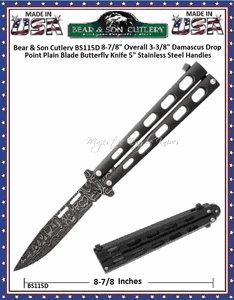 Bear & Son Cutlery BS115D 8-7/8" Overall 3-3/8" Damascus Drop Point Plain Blade Butterfly Knife 5" Stainless Steel Handles