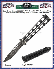 Bear & Son Cutlery BS115D 8-7/8" Overall 3-3/8" Damascus Drop Point Plain Blade Butterfly Knife 5" Stainless Steel Handles