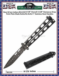 Bear & Son Cutlery BS115D 8-7/8" Overall 3-3/8" Damascus Drop Point Plain Blade Butterfly Knife 5" Stainless Steel Handles Bear & Son Cutlery BS115D 8-7/8" Overall 3-3/8" Damascus Drop Point Plain Blade Butterfly Knife 5" Stainless Steel Handles