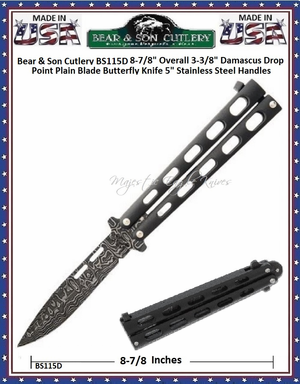 Bear & Son Cutlery BS115D 8-7/8" Overall 3-3/8" Damascus Drop Point Plain Blade Butterfly Knife 5" Stainless Steel Handles Bear & Son Cutlery BS115D 8-7/8" Overall 3-3/8" Damascus Drop Point Plain Blade Butterfly Knife 5" Stainless Steel Handles