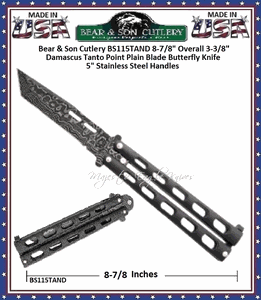 Bear & Son Cutlery BS115TAND 8-7/8" Overall 3-3/8" Damascus Tanto Point Plain Blade Butterfly Knife 5" Stainless Steel Handles
