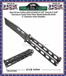 Bear & Son Cutlery BS115TAND 8-7/8" Overall 3-3/8" Damascus Tanto Point Plain Blade Butterfly Knife 5" Stainless Steel Handles Bear & Son Cutlery BS115TAND 8-7/8" Overall 3-3/8" Damascus Tanto Point Plain Blade Butterfly Knife 5" Stainless Steel Handles
