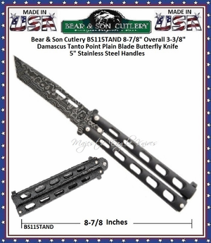 Bear & Son Cutlery BS115TAND 8-7/8" Overall 3-3/8" Damascus Tanto Point Plain Blade Butterfly Knife 5" Stainless Steel Handles