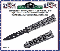 Bear & Son Cutlery BS115TR Butterfly Knife Trainer 5" Closed 3-3/8" Black Drop Point Blunt Blade, Silver Vein Slotted Zinc Handles Bear & Son Cutlery BS115TR Butterfly Knife Trainer 5" Closed 3-3/8" Black Drop Point Blunt Blade, Silver Vein Slotted Zinc Handles