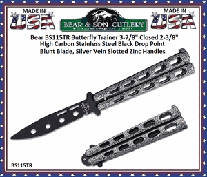 Bear & Son Cutlery BS115TR Butterfly Knife Trainer 5" Closed 3-3/8" Black Drop Point Blunt Blade, Silver Vein Slotted Zinc Handles