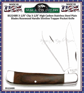 Bear & Son Cutlery BS2248R 3-1/8" Clip 3-1/8" High Carbon Stainless Steel Spey Plain Blades Rosewood Handle Slimline Trapper Pocket Knife  