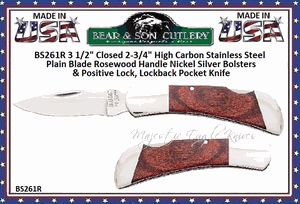 Bear & Son Cutlery BS261R 2-3/4" High Carbon Stainless Steel Plain Blade Rosewood Handle Lockback Pocket Knife  
