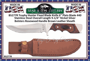 Bear & Son Cutlery BS277R Trophy Hunter Fixed Blade Knife 6" Plain Blade 440 Stainless Steel Overall Length 9-1/4" Nickel Silver Bolsters Rosewood Handle Brown Leather Sheath 