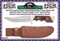 Bear & Son Cutlery BS277R Trophy Hunter Fixed Blade Knife 6" Plain Blade 440 Stainless Steel Overall Length 9-1/4" Nickel Silver Bolsters Rosewood Handle Brown Leather Sheath Bear & Son Cutlery BS277R Trophy Hunter Fixed Blade Knife 6" Plain Blade 440 Stainless Steel Overall Length 9-1/4" Nickel Silver Bolsters Rosewood Handle Brown Leather Sheath