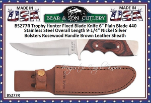 Bear & Son Cutlery BS277R Trophy Hunter Fixed Blade Knife 6" Plain Blade 440 Stainless Steel Overall Length 9-1/4" Nickel Silver Bolsters Rosewood Handle Brown Leather Sheath 