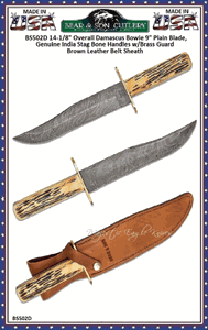 Bear & Son Cutlery BS502D Bowie 9" Damascus Plain Blade, Genuine India Stag Bone Handles