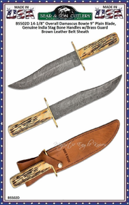 Bear & Son Cutlery BS502D Bowie 9" Damascus Plain Blade, Genuine India Stag Bone Handles Bear & Son Cutlery BS502D Bowie 9" Damascus Plain Blade, Genuine India Stag Bone Handles