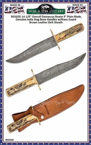 Bear & Son Cutlery BS502D Bowie 9" Damascus Plain Blade, Genuine India Stag Bone Handles Bear & Son Cutlery BS502D Bowie 9" Damascus Plain Blade, Genuine India Stag Bone Handles