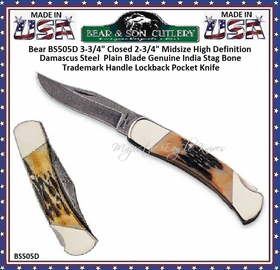 Bear & Son Cutlery BS505D Bear 3-3/4" Closed 2-3/4" Midsize High Definition Damascus Steel  Plain Blade Genuine India Stag Bone Trademark Handle Lock back Pocket Knife