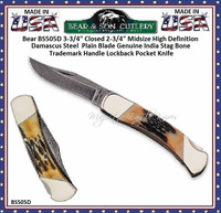 Bear & Son Cutlery BS505D Bear 3-3/4" Closed 2-3/4" Midsize High Definition Damascus Steel Plain Blade Genuine India Stag Bone Trademark Handle Lock back Pocket Knife Bear & Son Cutlery BS505D Bear 3-3/4" Closed 2-3/4" Midsize High Definition Damascus Steel Plain Blade Genuine India Stag Bone Trademark Handle Lock back Pocket Knife