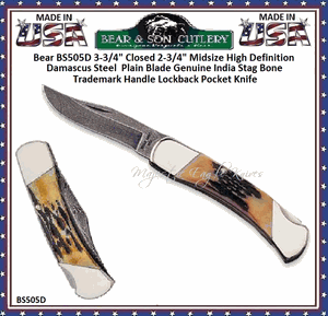 Bear & Son Cutlery BS505D Bear 3-3/4" Closed 2-3/4" Midsize High Definition Damascus Steel  Plain Blade Genuine India Stag Bone Trademark Handle Lock back Pocket Knife