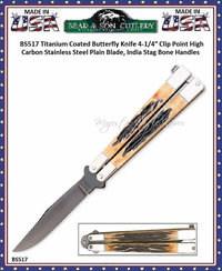 Bear & Son Cutlery BS517 Titanium Coated Butterfly Knife 4 1/4″ Clip Point High Carbon Stainless Steel Plain Blade, India Stag Bone Handles Bear & Son Cutlery BS517 Titanium Coated Butterfly Knife 4 1/4″ Clip Point High Carbon Stainless Steel Plain Blade, India Stag Bone Handles