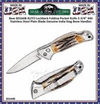 Bear & Son Cutlery BS5A08 AUTO Lockback Folding Knife 2-3/4" 440 Stainless Steel Plain Blade Genuine India Stag Bone Handles