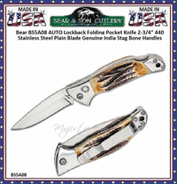 Bear & Son Cutlery BS5A08 AUTO Lockback Folding Knife 2-3/4" 440 Stainless Steel Plain Blade Genuine India Stag Bone Handles Bear & Son Cutlery BS5A08 AUTO Lockback Folding Knife 2-3/4" 440 Stainless Steel Plain Blade Genuine India Stag Bone Handles