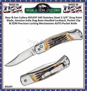 Bear & Son Cutlery BS5A97 AUTO Lockback Folding Knife 3-3/4" 440 Stainless Steel Plain Blade 5" Closed, Genuine India Stag Bone Handles
