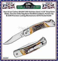 Bear & Son Cutlery BS5A97 AUTO Lockback Folding Knife 3-3/4" 440 Stainless Steel Plain Blade 5" Closed, Genuine India Stag Bone Handles Bear & Son Cutlery BS5A97 AUTO Lockback Folding Knife 3-3/4" 440 Stainless Steel Plain Blade 5" Closed, Genuine India Stag Bone Handles