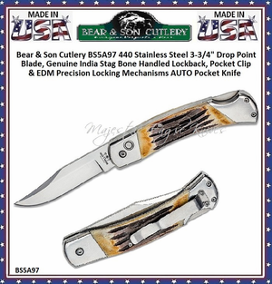 Bear & Son Cutlery BS5A97 AUTO Lockback Folding Knife 3-3/4" 440 Stainless Steel Plain Blade 5" Closed, Genuine India Stag Bone Handles Bear & Son Cutlery BS5A97 AUTO Lockback Folding Knife 3-3/4" 440 Stainless Steel Plain Blade 5" Closed, Genuine India Stag Bone Handles
