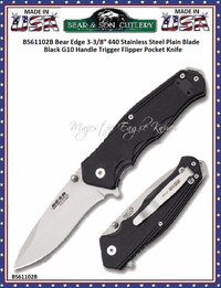 Bear & Son Cutlery BS61102B Bear Edge 3-3/8" 440 Stainless Steel Plain Blade Black G10 Handle Trigger Flipper Pocket Knife Bear & Son Cutlery BS61102B Bear Edge 3-3/8" 440 Stainless Steel Plain Blade Black G10 Handle Trigger Flipper Pocket Knife