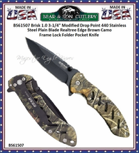 Bear & Son Cutlery BS61507 Brisk 1.0 3-1/4" Modified Drop Point 440 Stainless Steel Plain Blade Realtree Edge Brown Camo Frame Lock Folder Pocket Knife Bear & Son Cutlery BS61507 Brisk 1.0 3-1/4" Modified Drop Point 440 Stainless Steel Plain Blade Realtree Edge Brown Camo Frame Lock Folder Pocket Knife
