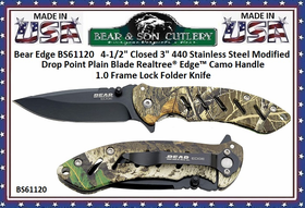 Bear & Son Cutlery BS61120 Assisted Opener Pocket Knife 4-3/8" Closed 3" 440 Stainless Steel Modified Drop Point Realtree Edge Plain Blade Aluminum Camo Handles